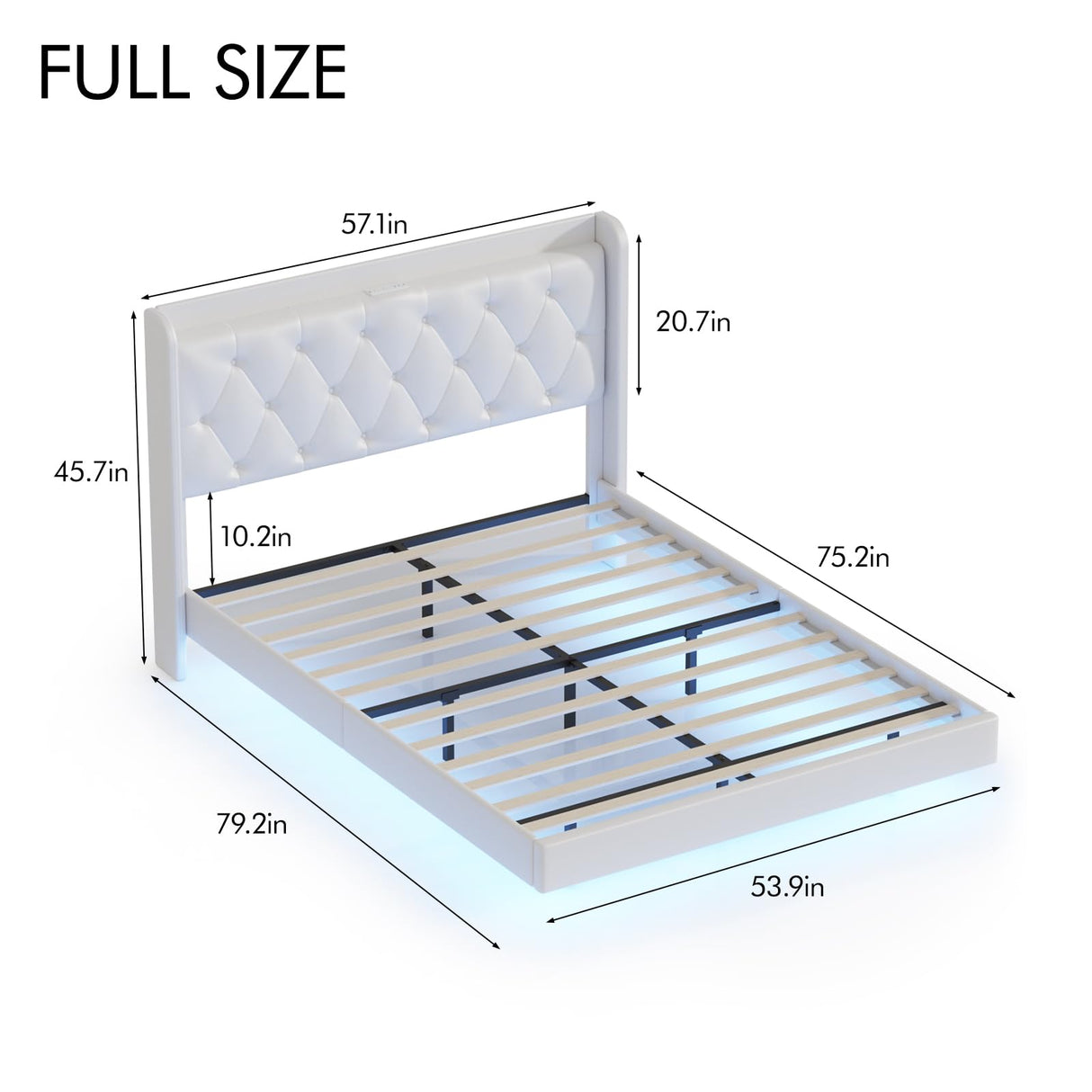 Halitaa White PU Leather Floating Bed Frame with Adjustable RGB LED Lights & Charging Station Halitaa