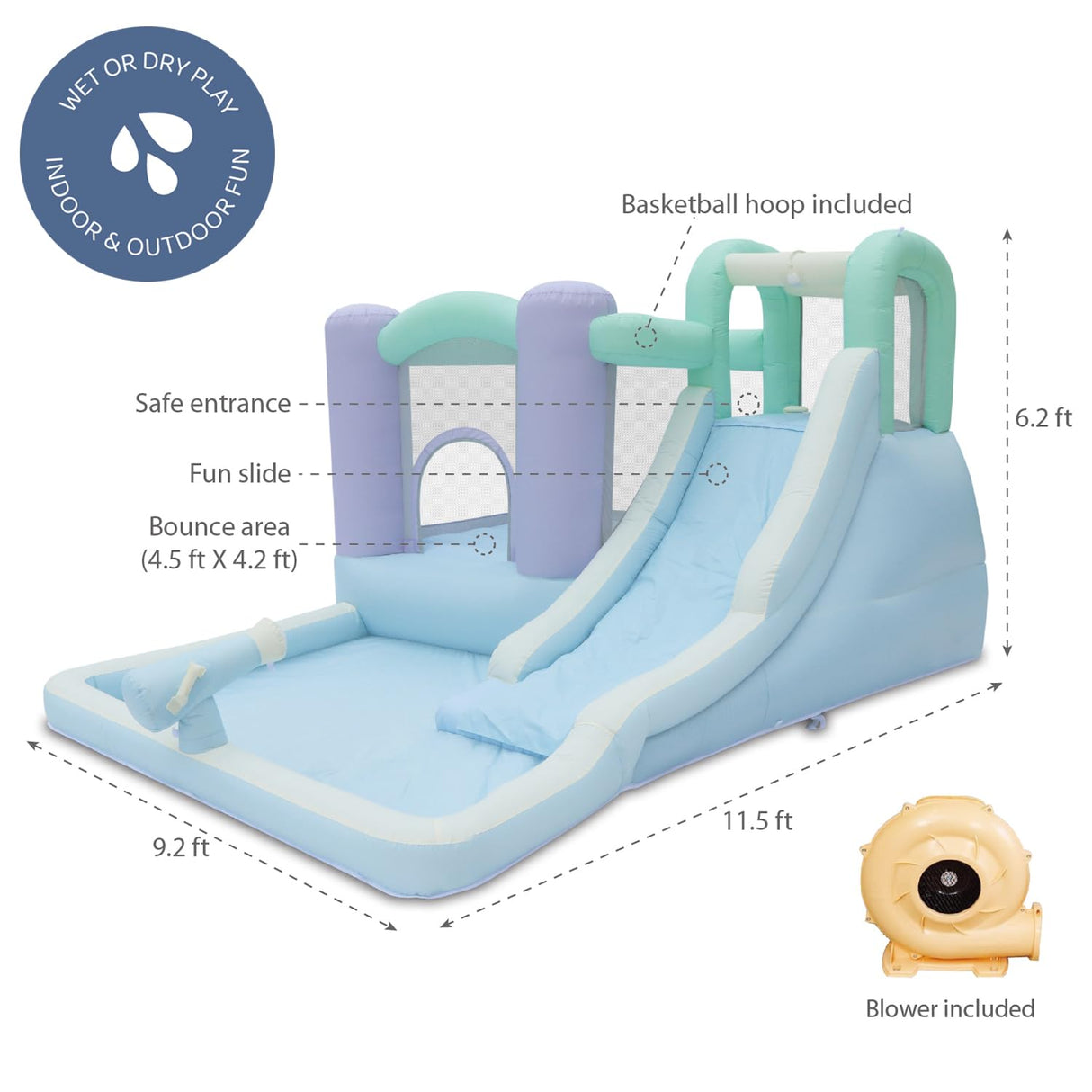 Bounceland Splash Zone Dream Wet or Dry Bounce House Water Slide, 11.5ftL x 9ftW x 6ftH, Pastel Color, Spacious Bounce Area, Splash Pool, Climbing Wall, Blower Included, Trendy Kids Outdoor Play Bounceland