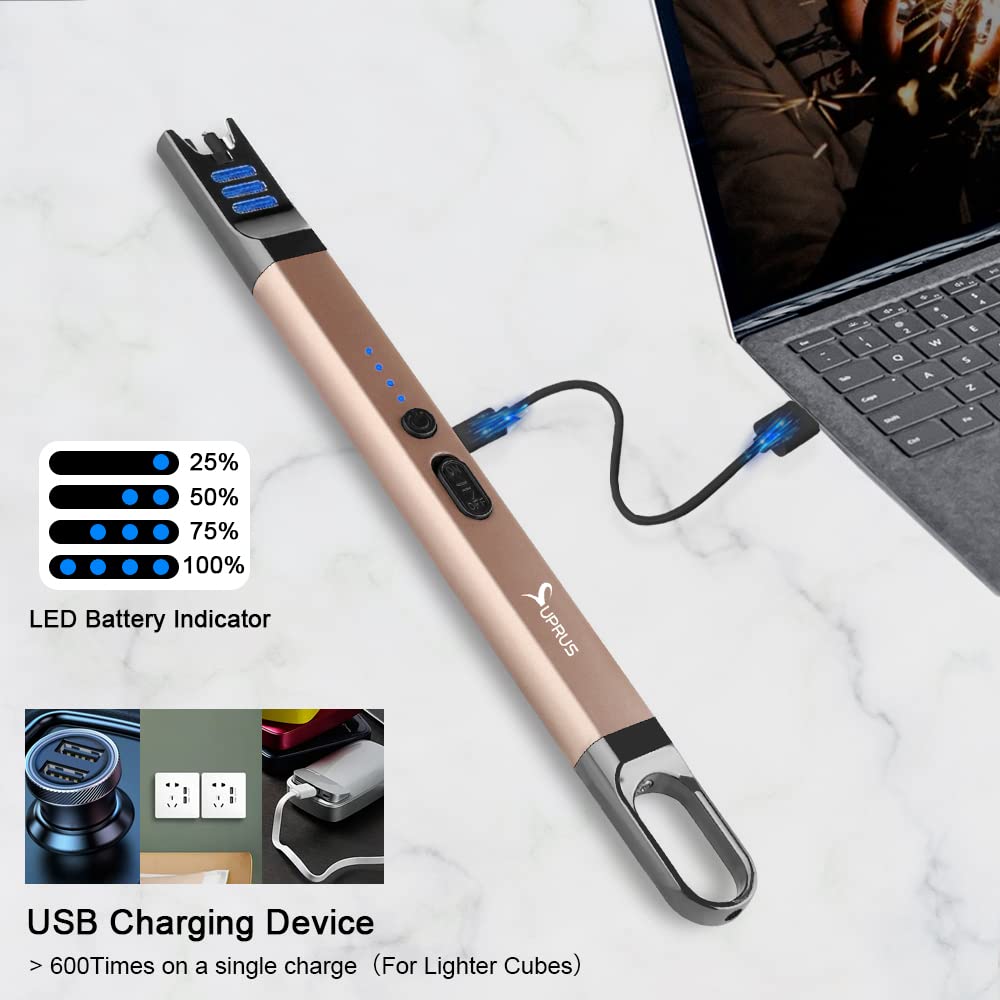 SUPRUS Candle Lighter Electric Arc Lighter Windproof Flameless USB Rechargeable Lighter with LED Light for Candle Camping BBQ Cooking (Champagne Gold) SUPRUS