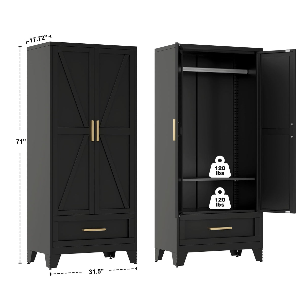 QINPTWUT 71" Large Capacity Metal Wardrobe with 1 Drawer and Adjustable Shelf - Heavy Duty Steel Storage Cabinet for Bedroom, Office,Laundry Room,Bedroom and More (Black, 71" - 1 Drawer) QINPTWUT