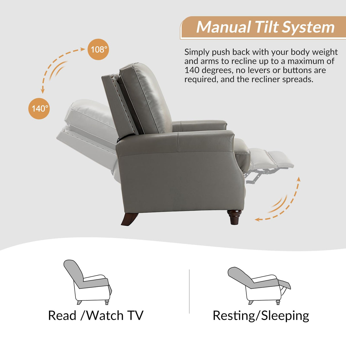 HULALA HOME Genuine Leather Recliner Chair, Classic Push Back Recliner Armchair with Thick Seat and Backrest, Comfy Adjustable Home Theater Single Recliner w/Nailhead Decor for Living Room (Dove) HULALA HOME