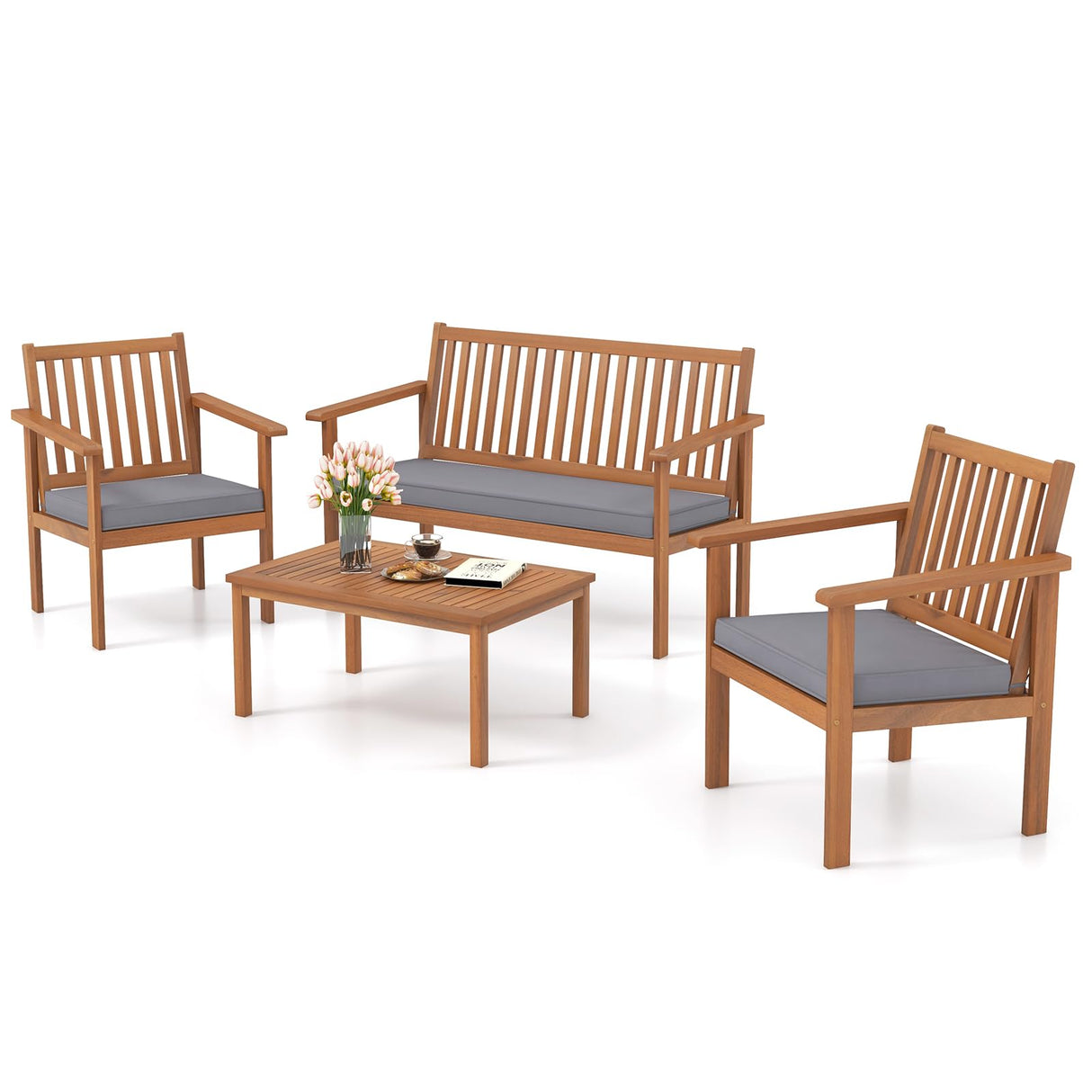 Tangkula 4 Piece Patio Wood Furniture Set, Acacia Wood Sofa Set w/Loveseat, 2 Chairs & Coffee Table, Soft Seat Cushions, Outdoor Wood Furniture Set for Porch, Yard, Balcony (Gray) Tangkula