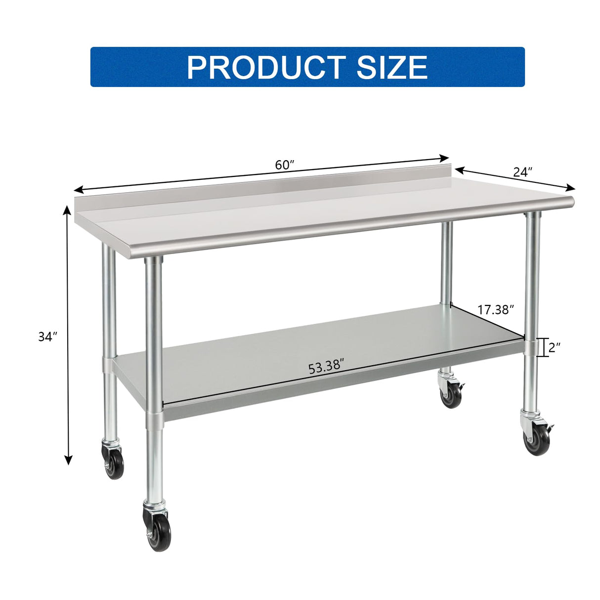 HARDURA Stainless Steel Table 24 x 60 Inches with Wheels Casters NSF Heavy Duty Commercial Prep Table with 2” Backsplash and Adjustable Undershelf for Restaurant Kitchen Home and Hotel HARDURA Restaurant Equipment