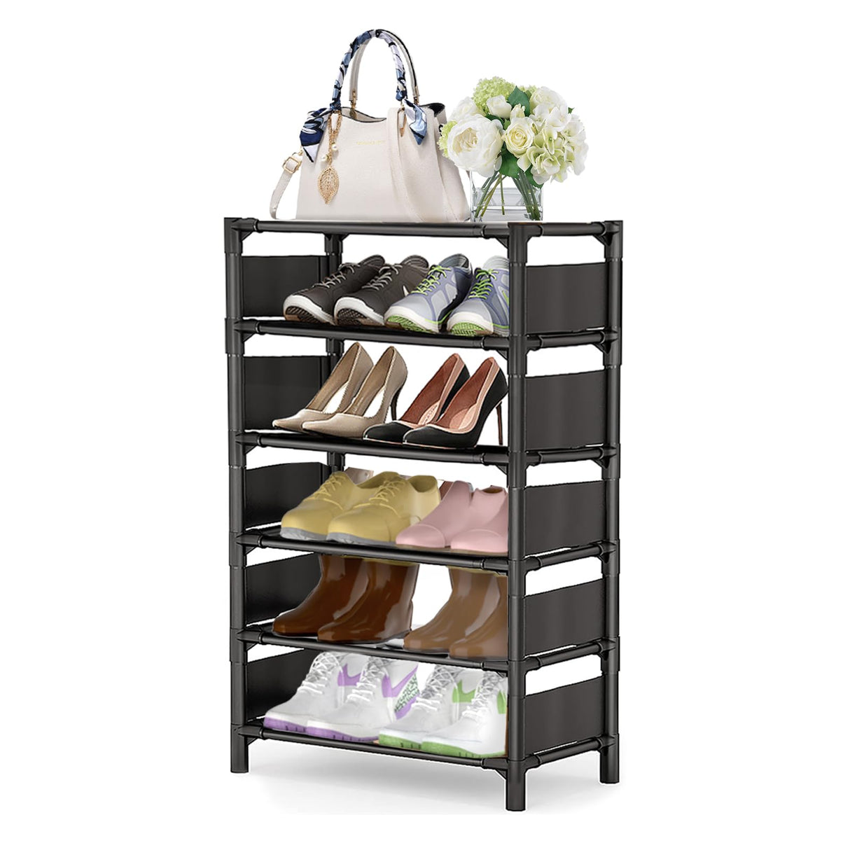 esonstyle 6 Tiers Vertical Shoe Rack Up to 12-16 Pairs, Sturdy Metal Narrow Shoe Rack Shoe Shelf, Space-Saving Tall Shoe Rack for Closet,Bedroom Hallway Garage Living Room esonstyle