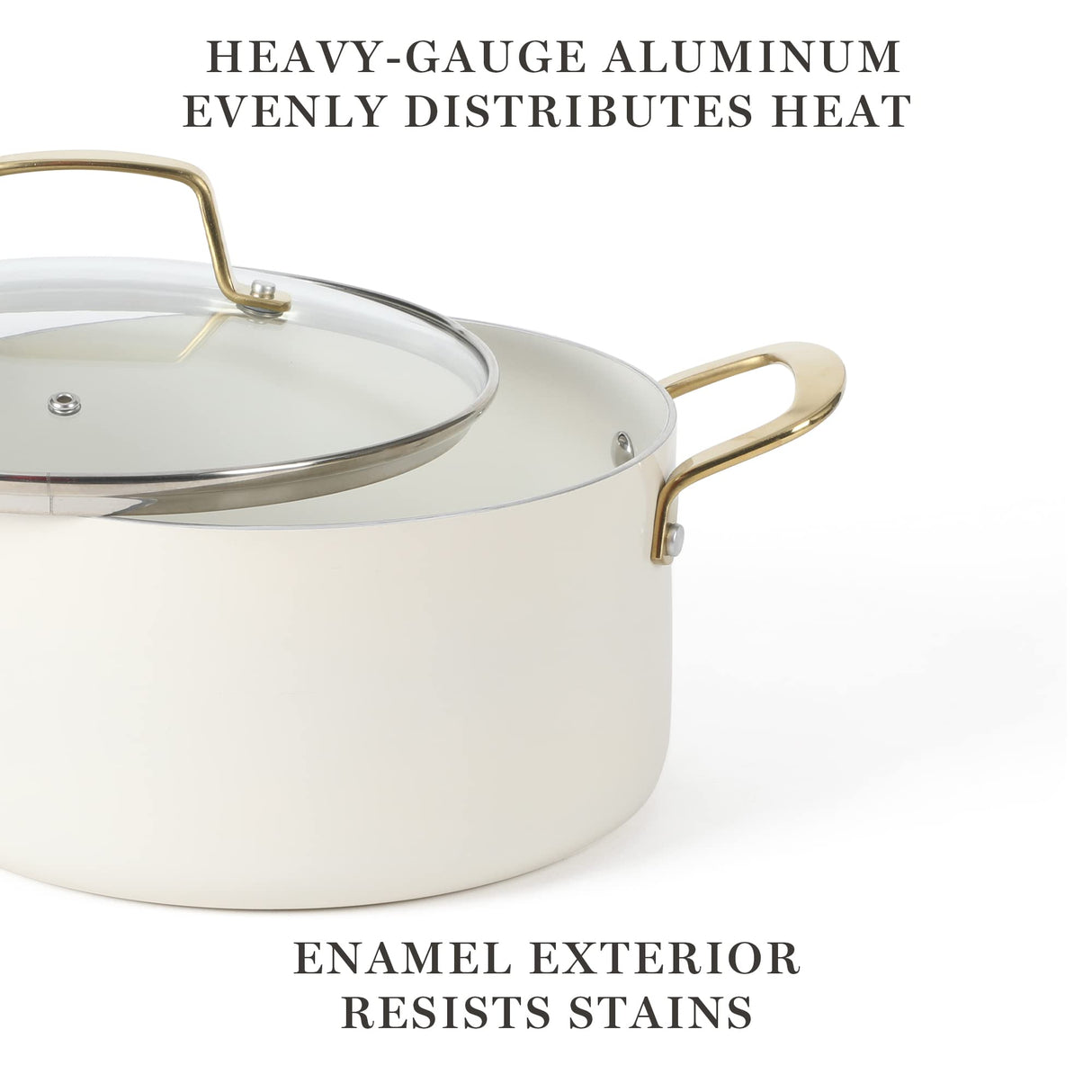 Martha Stewart Lockton Premium Nonstick PFA Free Ceramic Interior 10 Piece Heavy Gauge Enamel Aluminum Pots and Pans Cookware Set - Linen White w/Gold Handle Martha Stewart