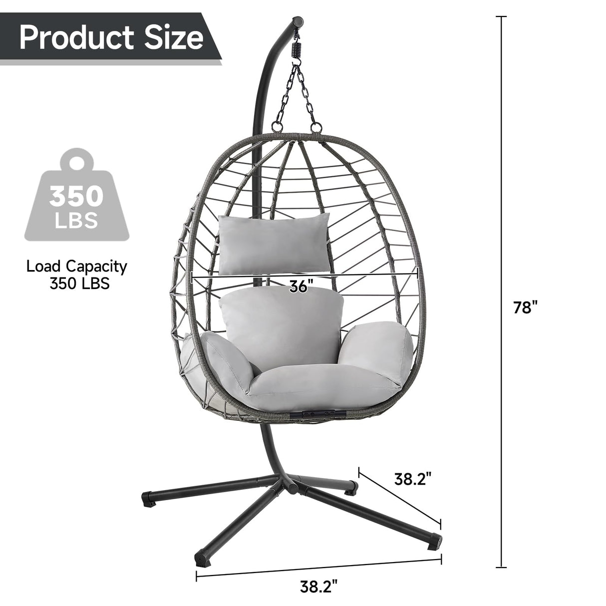 ONBRILL Hanging Egg Chair with Stand, Outdoor Indoor Egg Swing Chair with Cushion Headrest, Rattan Wicker Egg Chair with Dual Chains, 350LBS Capacity for Patio, Porch, Balcony, Bedroom (Light Gray) ONBRILL