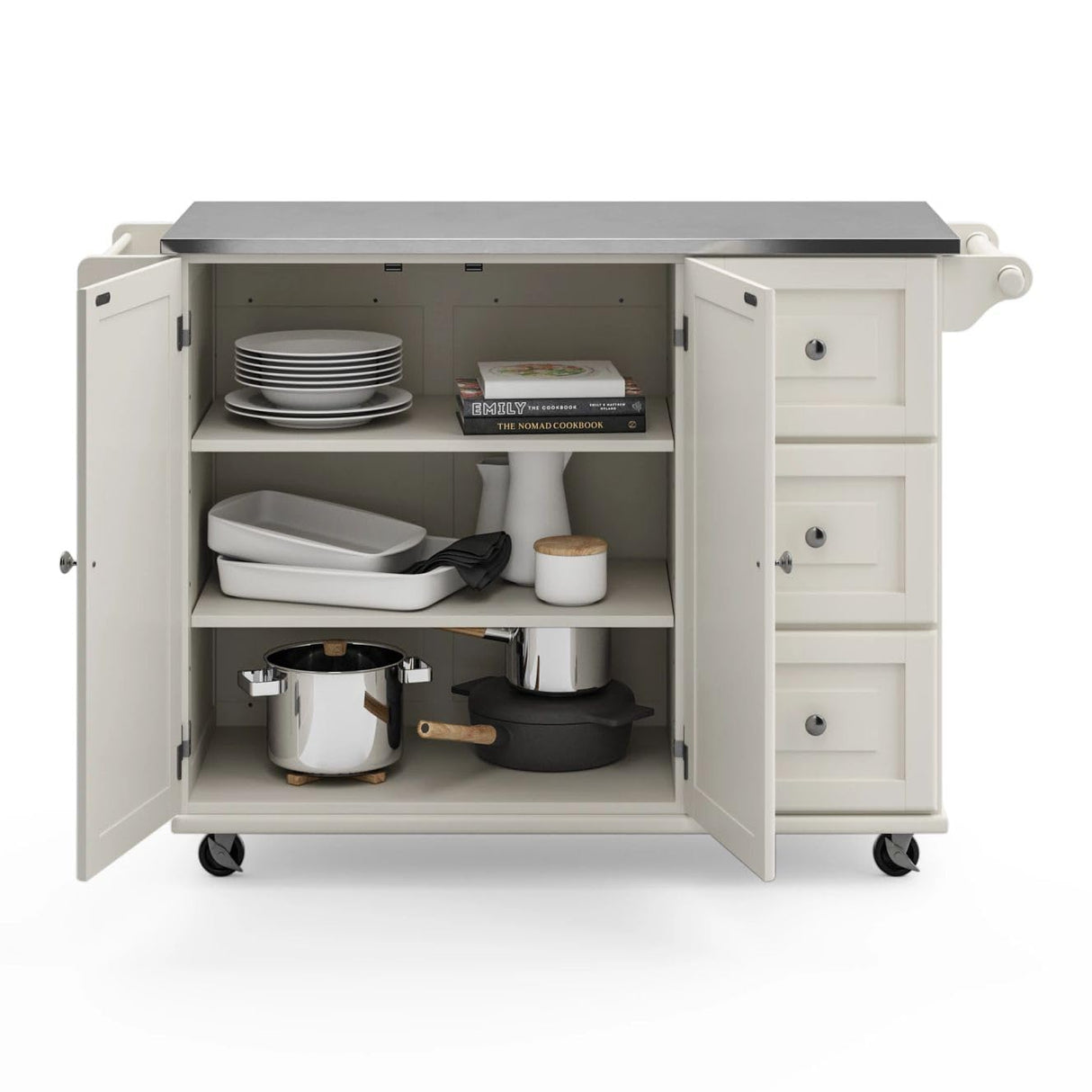 Homestyles Kitchen Cart with Stainless Steel Metal Top Rolling Mobile Kitchen Island with Storage and Towel Rack 54 Inch Width Off White homestyles