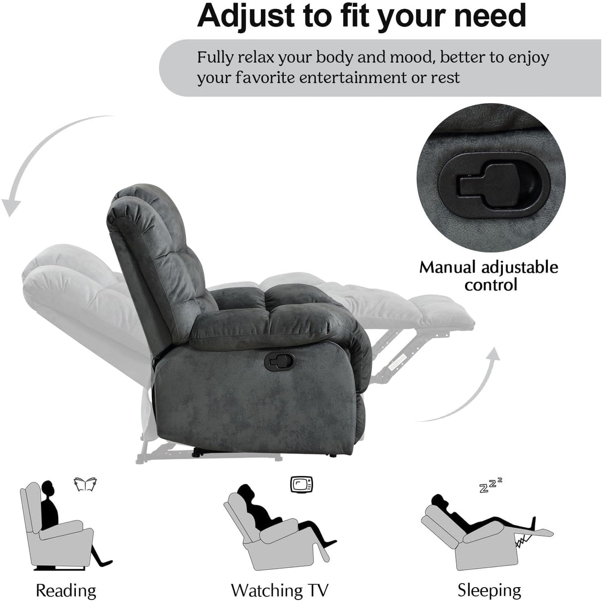 CANMOV Manual Recliner Chair, Single Reclining Sofa with Overstuffed Backrest and Armrest for Living Room, Bedroom Furniture, Grey CANMOV