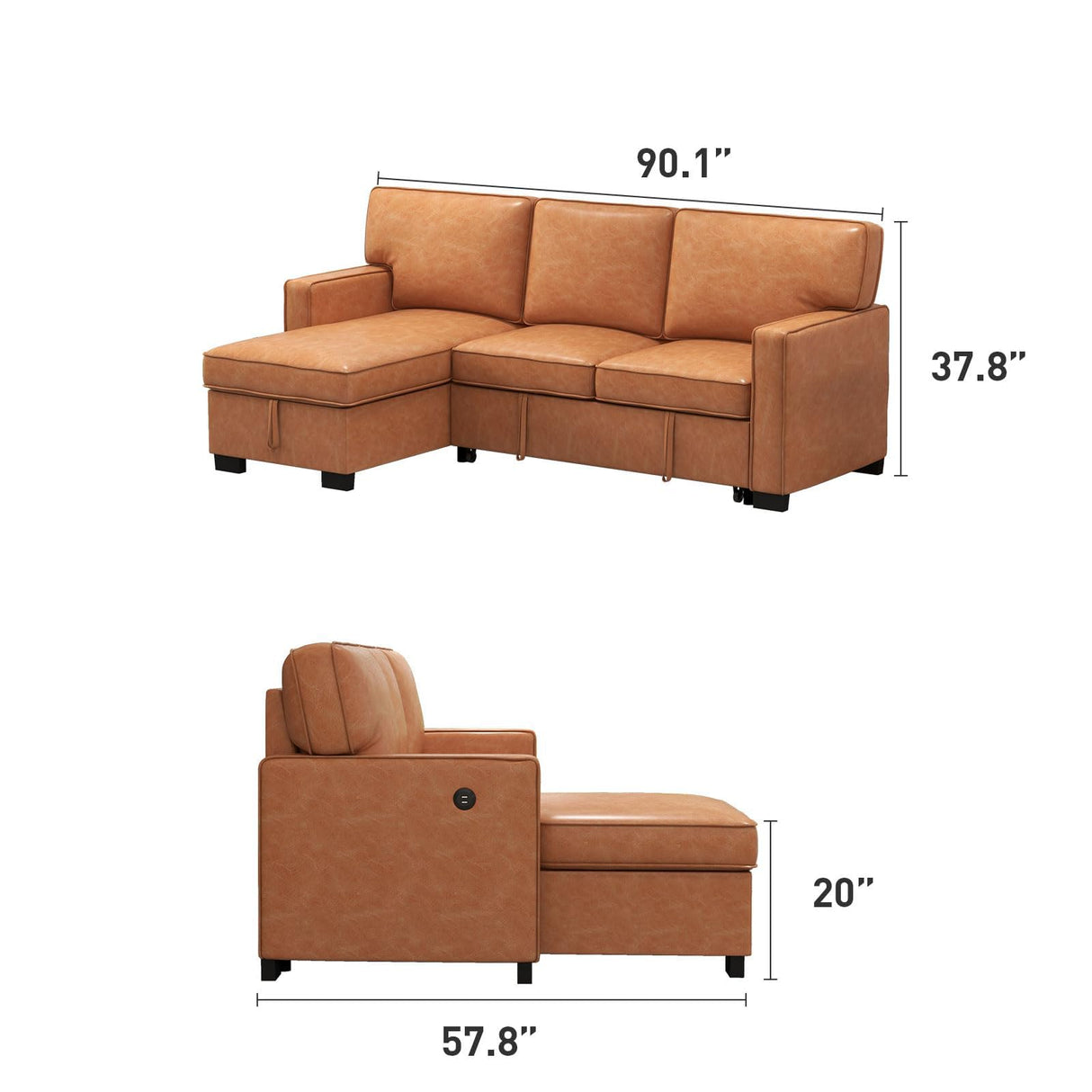 EBELLO Convertible Sleeper Sofa 3 in 1, Faux Leather Modern L-Shaped Couches for Living Room, Pull Out Sectional Futon Sofa Bed with Storage Space, USB Ports and Cup Holders for Bedroom, Brown EBELLO