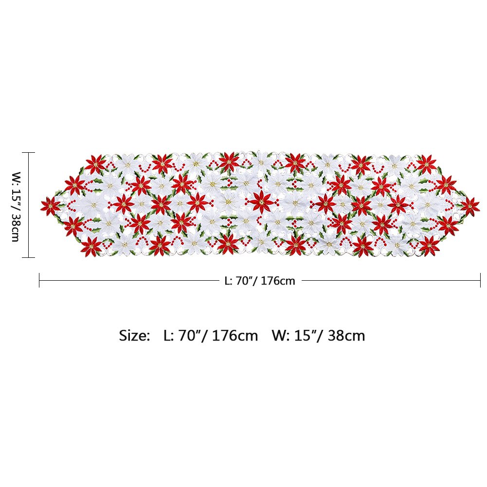 OurWarm Christmas Embroidered Table Runners Poinsettia Holly Leaf Table Linens for Christmas Decorations 15 x 70 Inch OurWarm