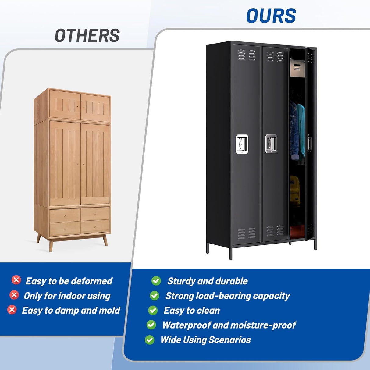 Towallmark Metal Storage Locker with 3 Doors, Metal Locker for Employees with 9 Hooks for Garage School Office Gym Home, Assembly Required, Black Towallmark