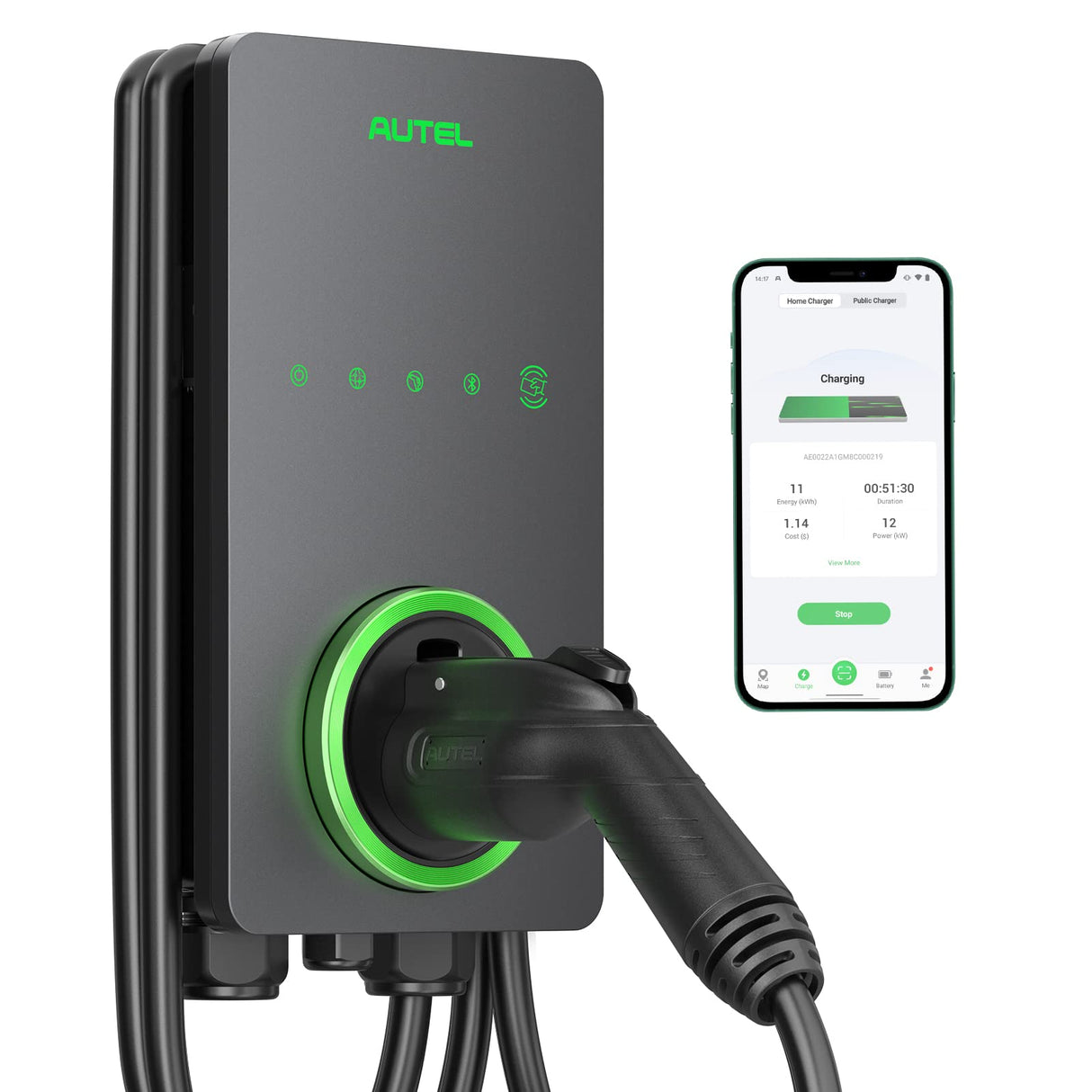 Autel Home Level 2 EV Charger up to 50Amp, 240V, Indoor/Outdoor Car Charging Station, Wi-Fi and Bluetooth Enabled EVSE, Flexible 25-Foot Cable,Hardwired, Dark Gray Autel