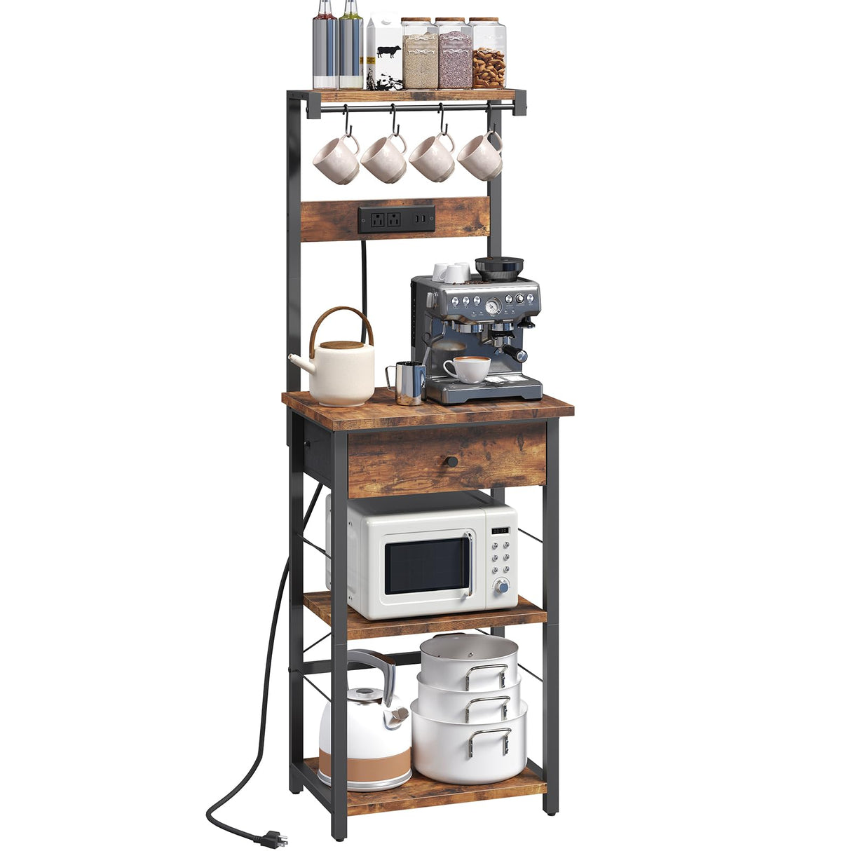 MAHANCRIS Bakers Rack with Drawer, Microwave Stand with Power Outlet, Coffee Bar Station with 4 Hooks, Kitchen Storage Shelf Rack 4 Tiers, for Kitchen, Dining Room, Rustic Brown and Black BRHR48E01 MAHANCRIS