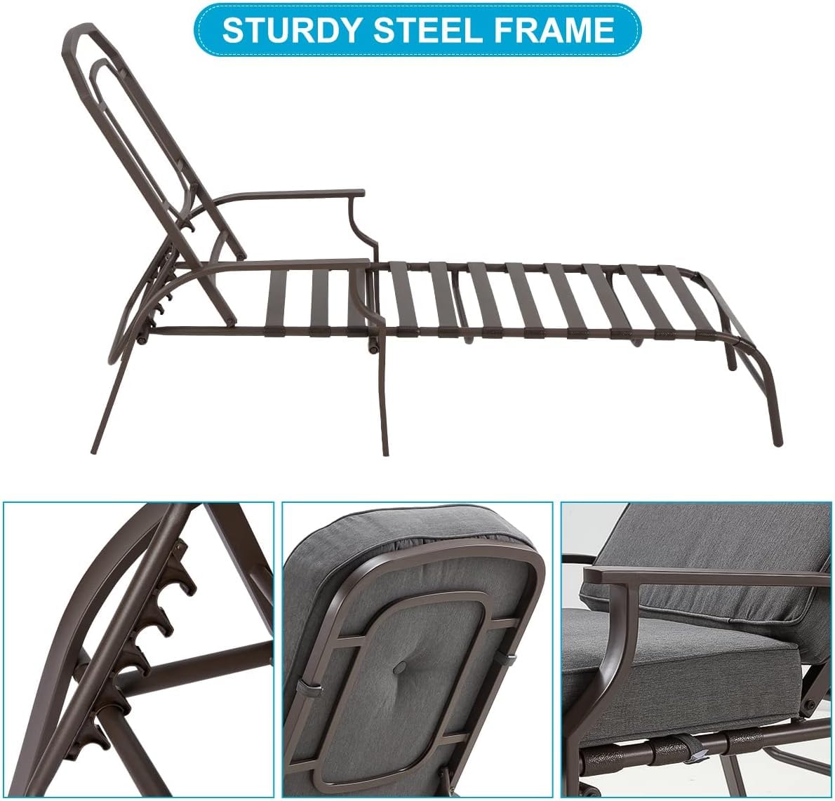 U-MAX Set of 2 Adjustable Outdoor Chaise Lounge Chair Patio Lounge Chair Recliner Furniture with Armrest and Cushion for Deck, Poolside, Backyard (Grey) U-MAX