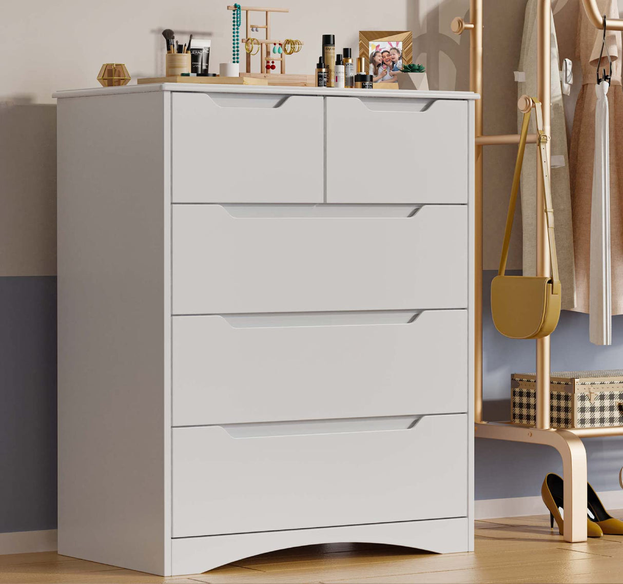 Gizoon 5 Drawers Chest, White Dresser for Dedroom with Embedded Handle, Sturdy Anti-Tripping Device, Chest of Drawers with Large Storage Capacity for Hallway, Office, Living Room Gizoon