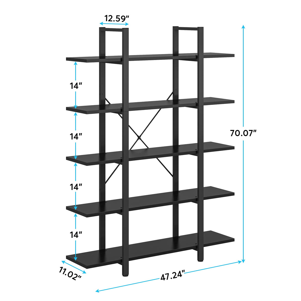 Tribesigns 5-Tier Bookshelf, Vintage Industrial Style Bookcase 72 H x 12 W x 47L Inches, Black Tribesigns