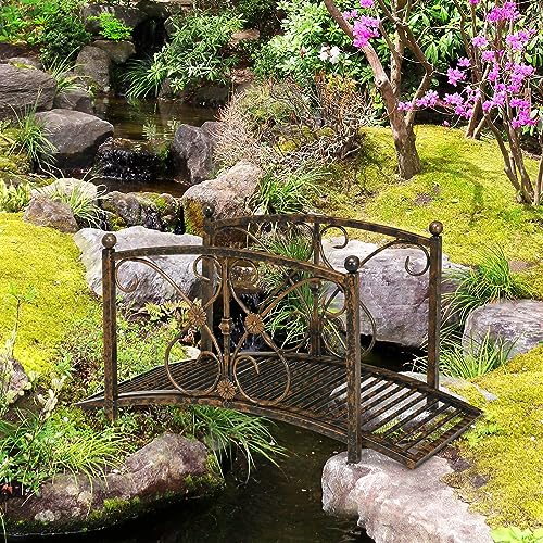 Outsunny 3.3FT Metal Arch Zen Garden Bridge with Safety Siderails, Decorative Footbridge, Delicate Floral Scrollwork for Stream, Fish Pond, Brown Outsunny
