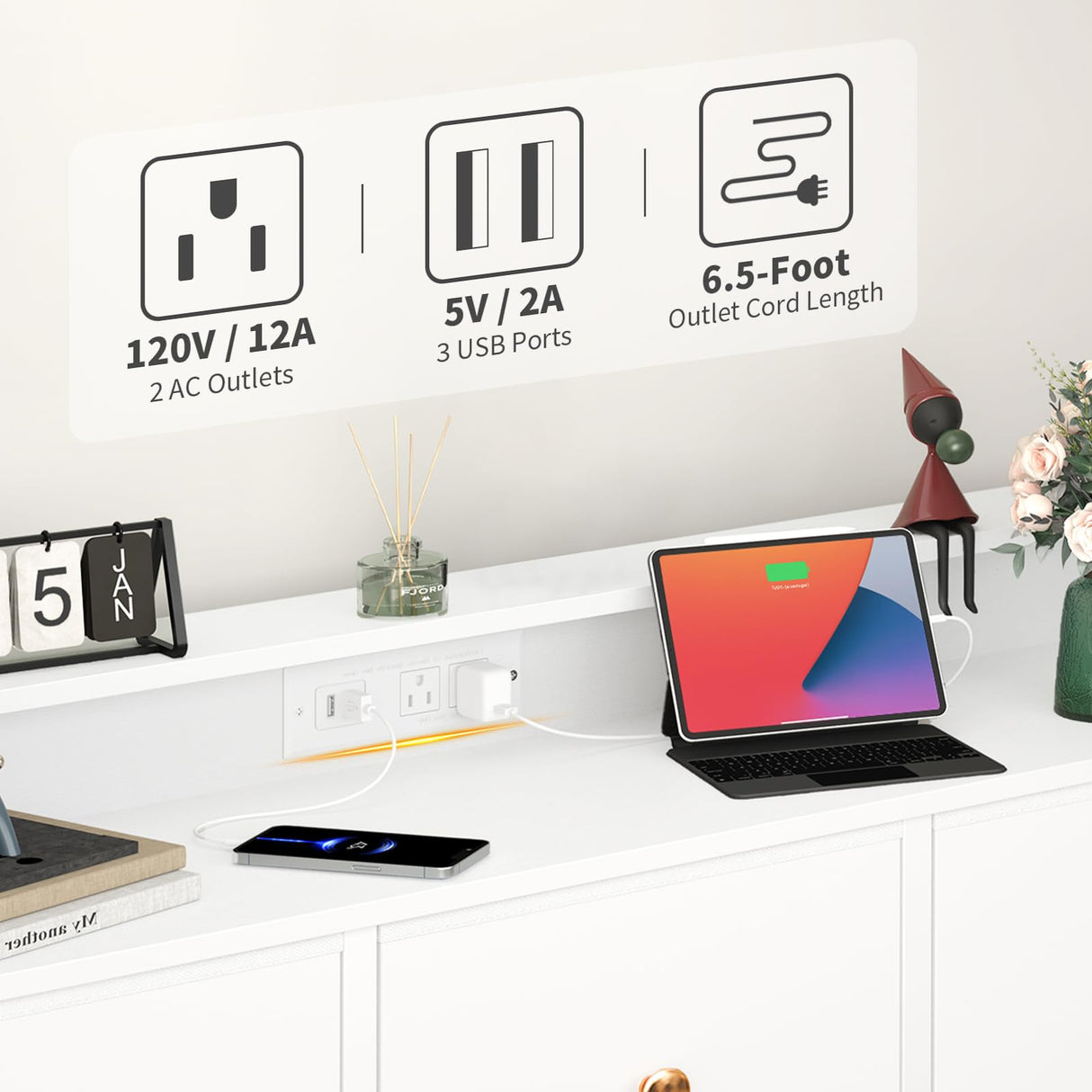 Yoobure Dresser for Bedroom with Charging Station and LED Lights, Tall TV Stand with 10 Storage Drawers, Fabric Wood Dressers & Chests of Drawers for Kids Bedroom Closet Organizer, White Yoobure