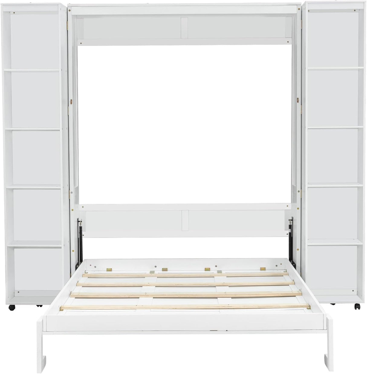 Foldable Hidden Queen Murphy Bed Cabinet with Storage Bookshelf Bookcase, Wood White Murphy Wall Bed with Storage Shelves for Adults (White) MERITLINE