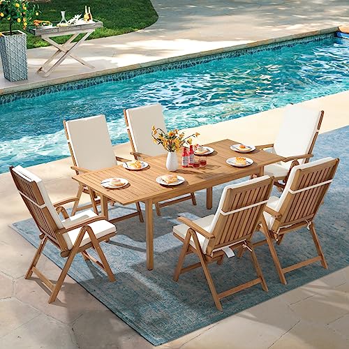 OC Orange-Casual Folding Patio Dining Chair Set of 4, Outdoor Acacia Wooden Reclining Chair w/Armrest & Removeable Cushion, FSC Certified Wood, for Porch, Backyard, Garden, Indoor, Beige OC Orange-Casual