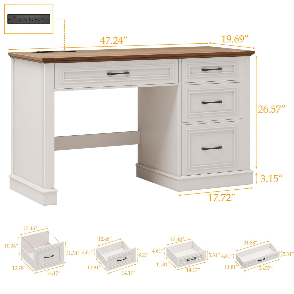Halitaa Farmhouse 47" Executive Desk, Computer Desk with Drawers and File Drawer, Workstation Computer Desk with Charging Station for Home Office,Study,Unique White. Halitaa