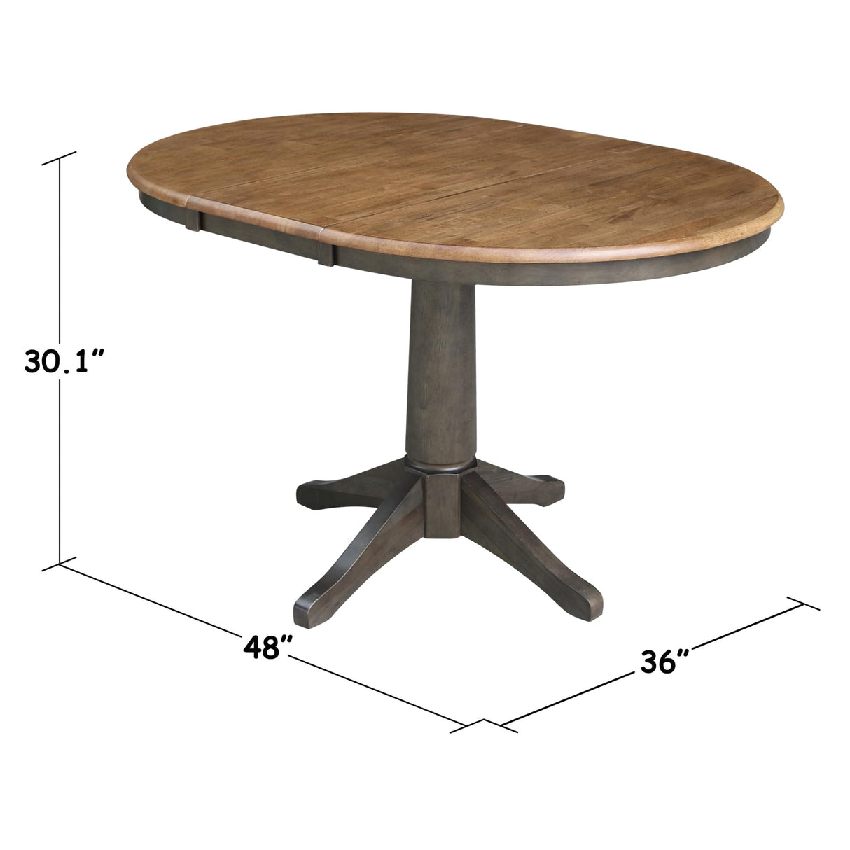 IC International Concepts 36" Round Top Pedestal 12" Leaf-30.1" H-Dining Height Table, Hickory/Washed Coal IC International Concepts