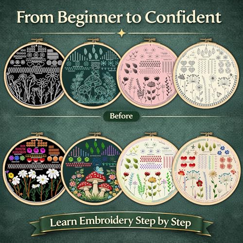 Moni Crafts - Embroidery Kit for Beginners Adults β Learn Embroidery Stitches, Complete Starter Kit with 4 Pre-Printed Patterns (Mushroom & Floral), Threads, Needles & Hoop β Video Tutorials