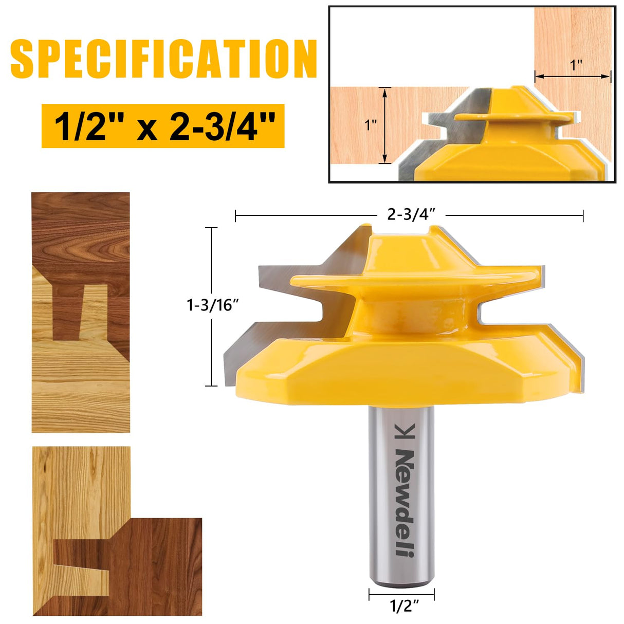 Newdeli 3PCS 45 Degree Lock Miter Router Bit Set 1/2 Inch Shank for 1/2”, 3/4", 1" Cutting Height Joint Router Bits for Creating Lock Miter Joint Newdeli