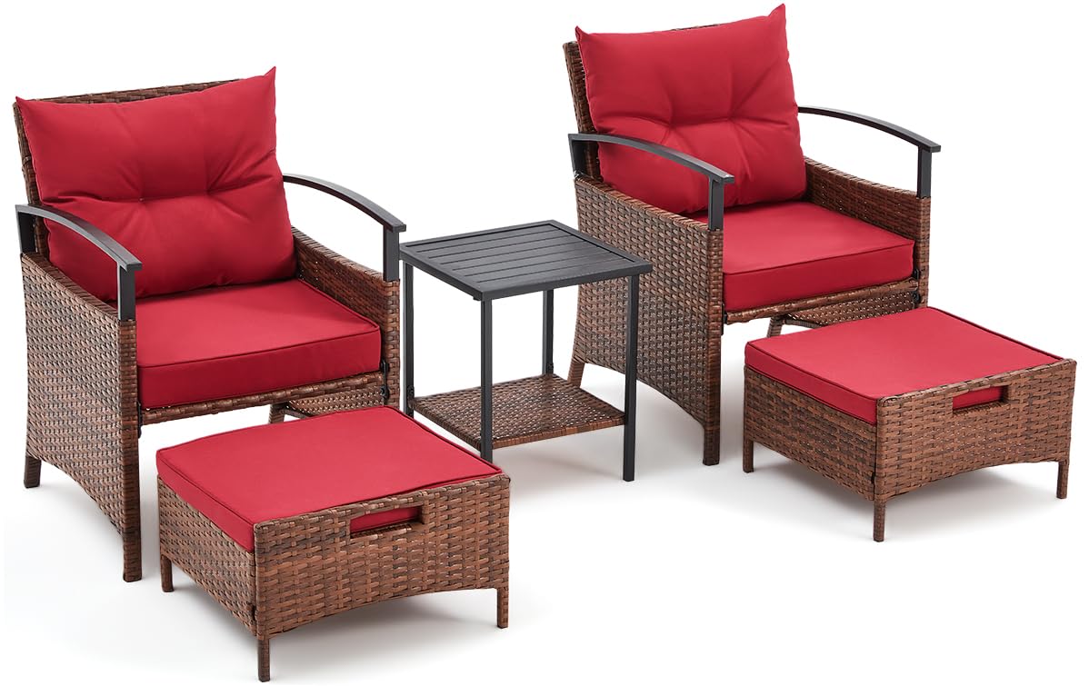 AVAWING 5 Pieces Patio Furniture Set, Outdoor Rattan Chairs with Metal Coffee Table, Ottomans & Soft Cushions, Wicker Conversation Bistro Set for Garden, Porch, Deck, Balcony (Red) AVAWING