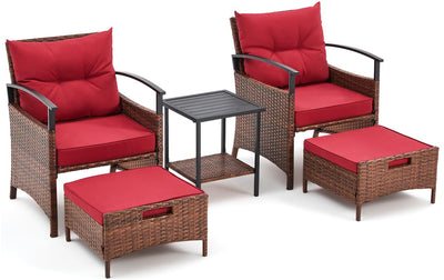 AVAWING 5 Pieces Patio Furniture Set, Outdoor Rattan Chairs with Metal Coffee Table, Ottomans & Soft Cushions, Wicker Conversation Bistro Set for Garden, Porch, Deck, Balcony (Red)