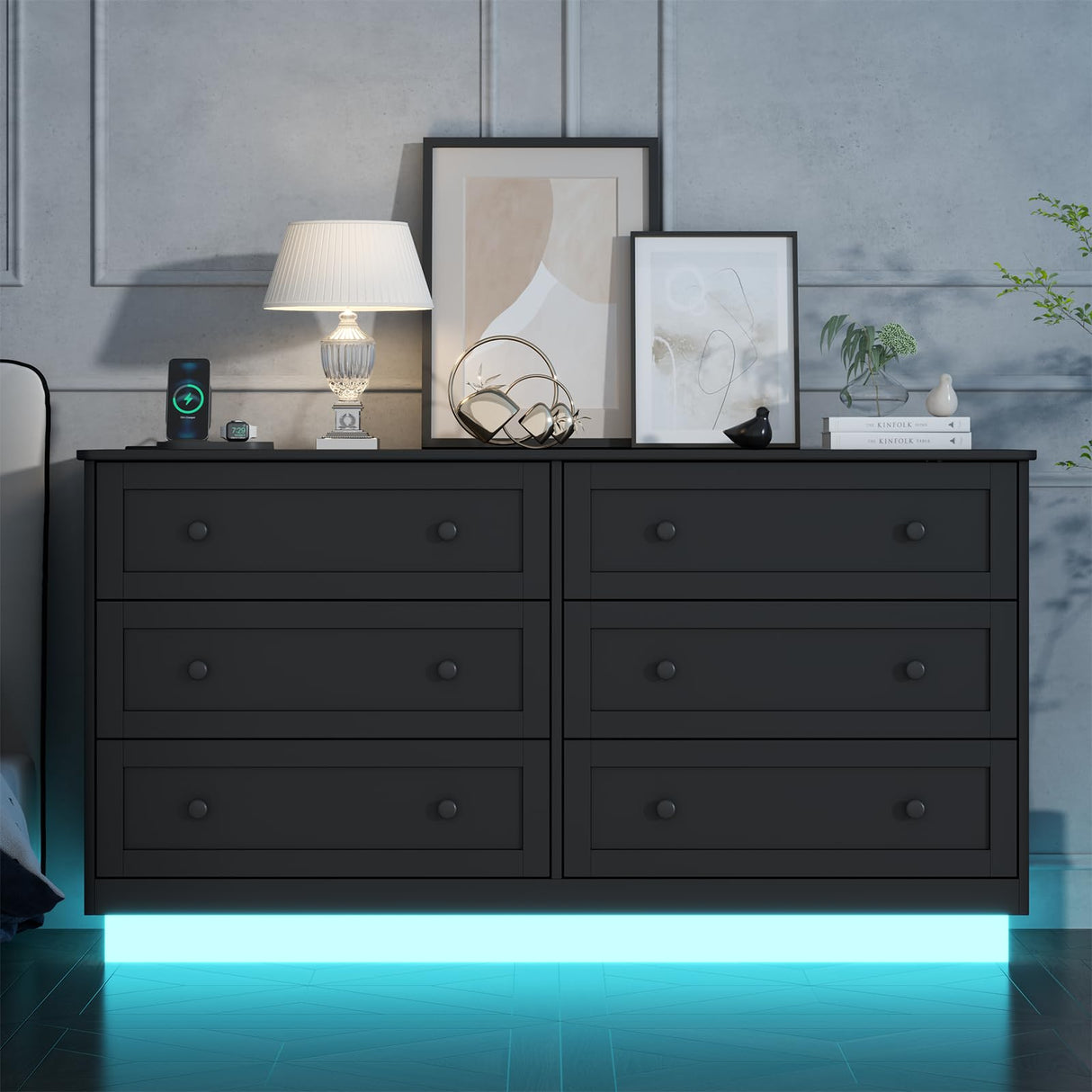 Loomie 6 Drawer Dresser, Modern Drawer Chests with Power Outlet and Led Light, Wide Chest of Drawers for Storage and Organization, Black Dresser for Bedroom, Living Room, Closets, Entryway Loomie