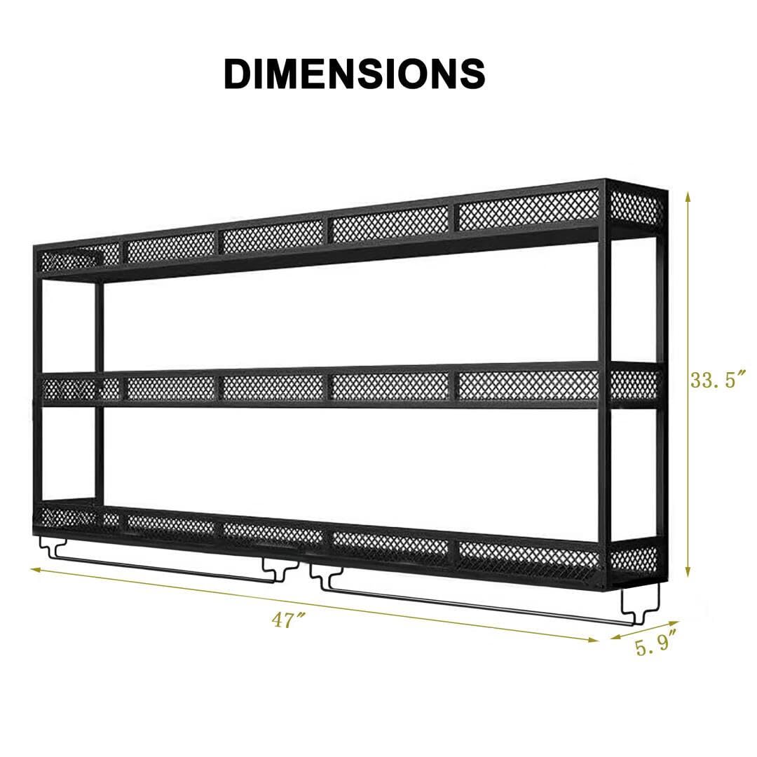 GWLQRTXV X2 47in Wine Rack with LED Lighting Wall Mounted Glass Holder, 3-Tiers Liquor Bottles Shelves Display Storage Organizer Hanging Long Stemware Goblet Metal for Home Mini Bar Cellar Black GWLQRTXV