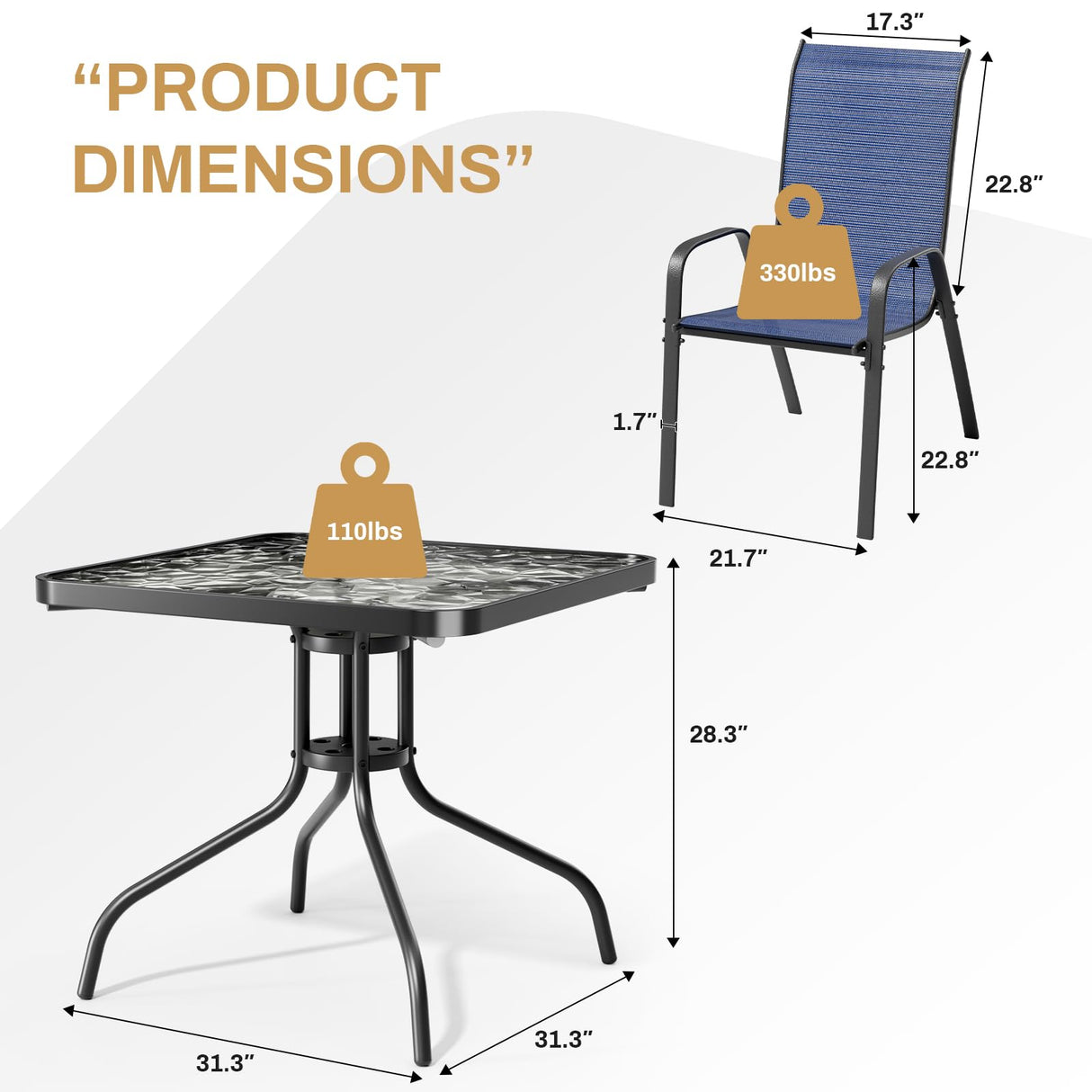 Arlopu 5 Piece Outdoor Patio Dining Set (Umbrella not Included), Porch Furniture with 4 Textline Chairs, 1 Square Glass Table for Garden, Backyard and Poolside, Lawn (Navy Blue) Arlopu