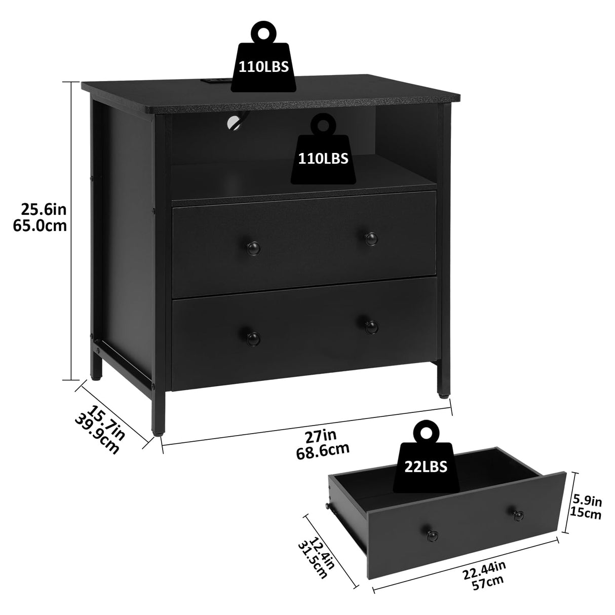 Tykacna 27 Inch Wide Night Stand, Large Wooden Night Stand with 2 Drawer, LED Nightstand with Charging Station and Adjustable Drawer, Bedside Table for Living Room/Bedroom/Study/Office, Black. Tykacna