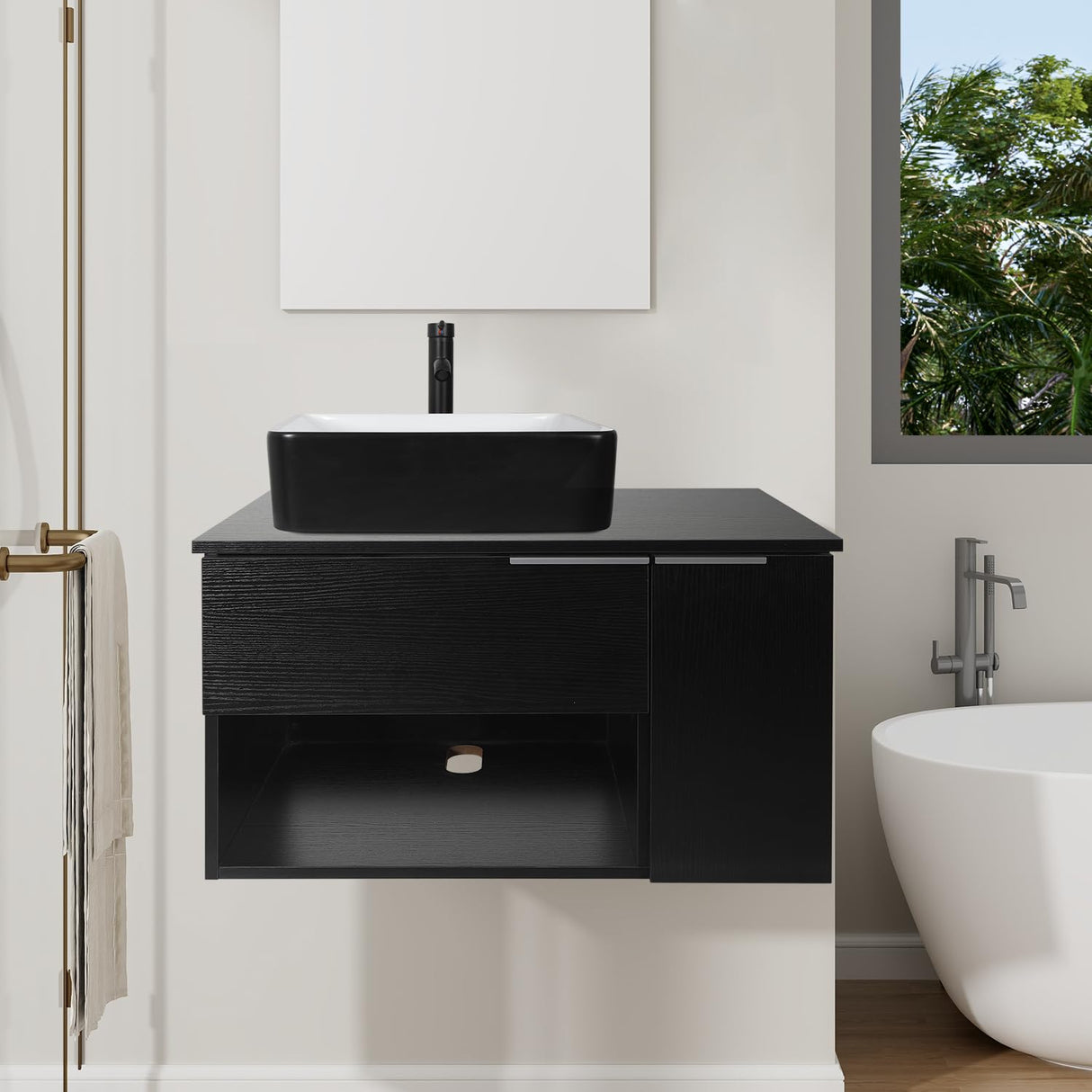 SOLIDEE 28 Inch Black Floating Bathroom Vanity with 1-Door and 1-Drawer, Modern Wall Mounted Cabinet with Black White Ceramic Vessel Sink Top SOLIDEE