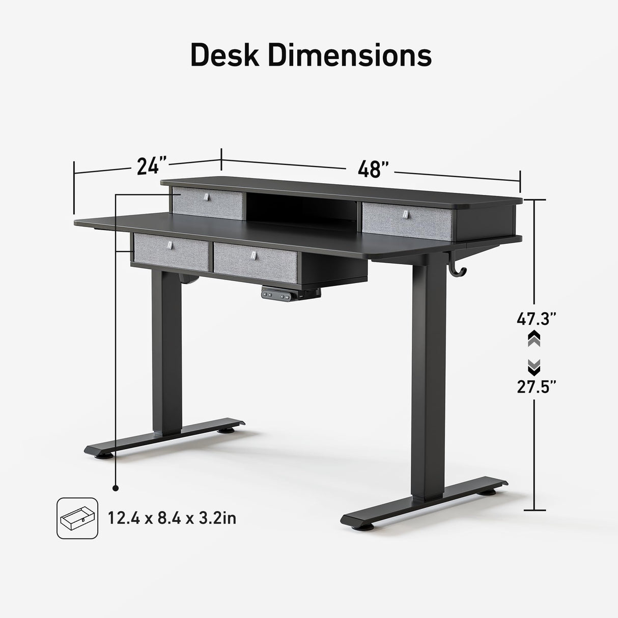 FEZIBO Sturdy Height Adjustable Electric Standing Desk with Drawers, 48 x 24 Inch Stand Up Table with Large Storage Shelf, Sit Stand Desk, Black Top FEZIBO