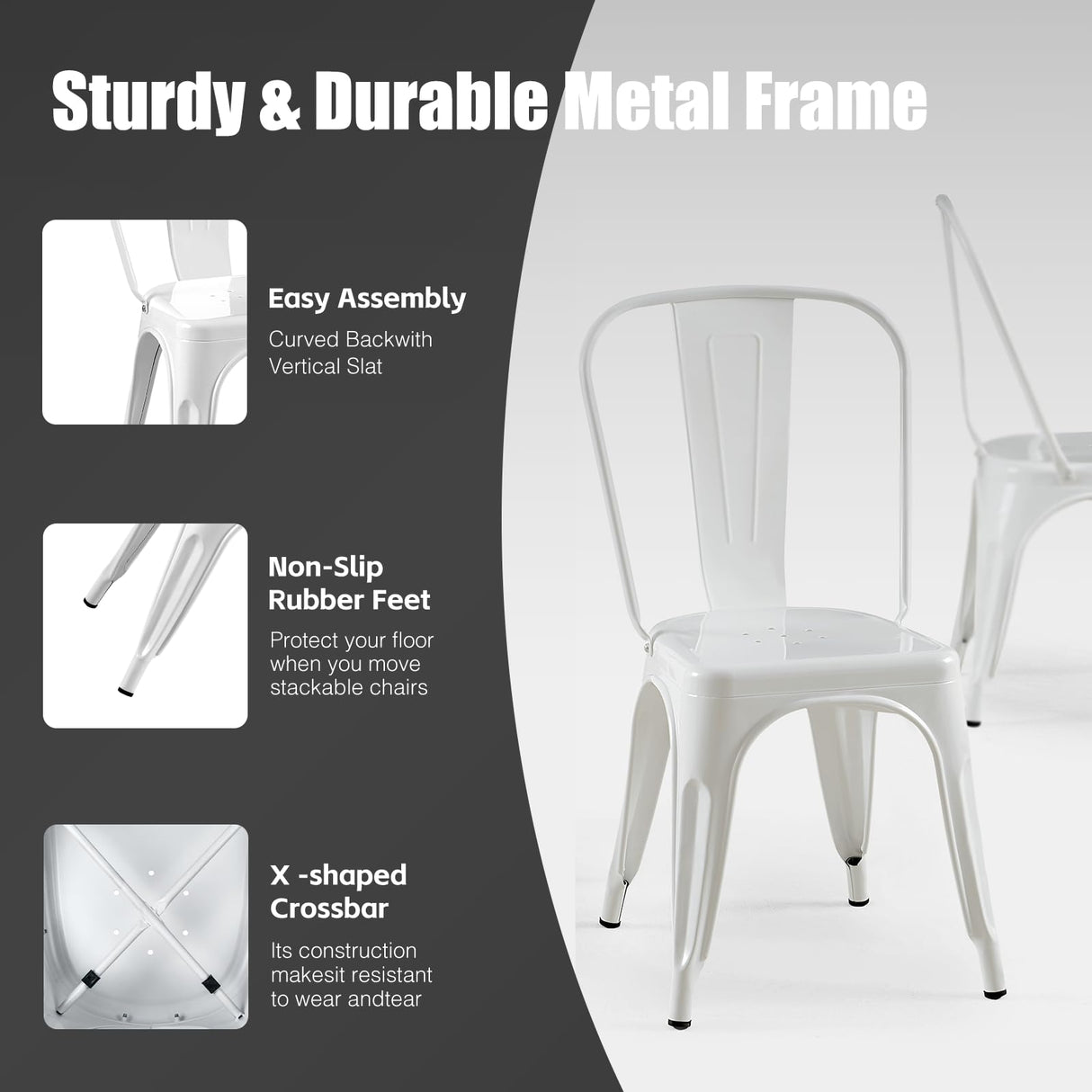 SOLEGGIATA White Metal Dining Chairs Set of 6 Iron Stackable Industrial Tolix Style Outdoor Farmhouse Kitchen Cafe Arctic White Color SOLEGGIATA