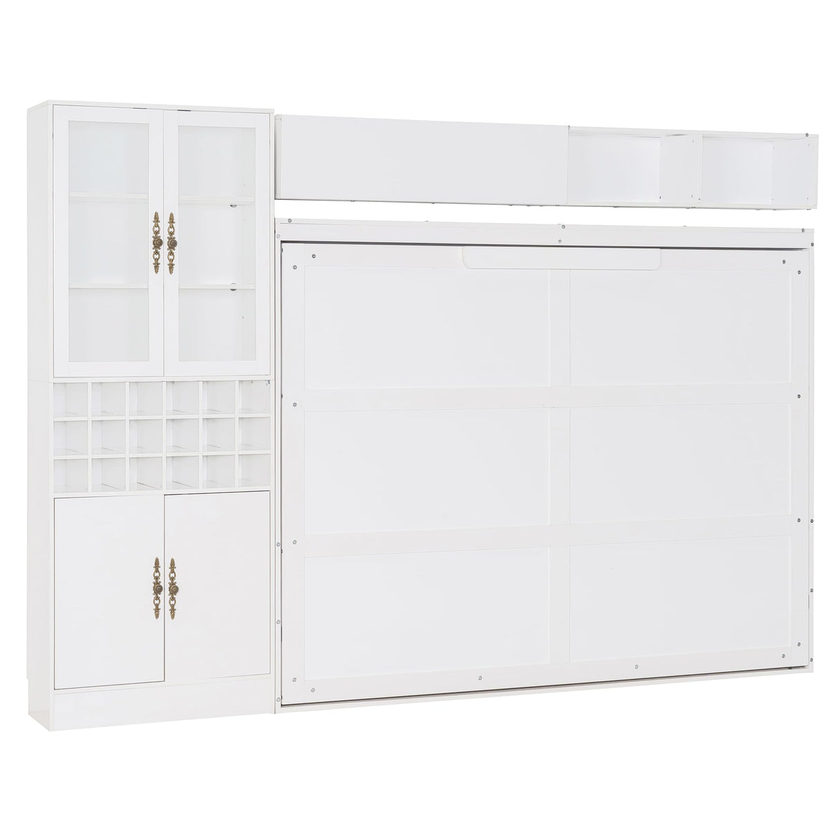 P PURLOVE Queen Murphy Bed with Sofa and Shelves, Wooden Wall Bed with USB and Light, No Box Spring Needed (White) P PURLOVE