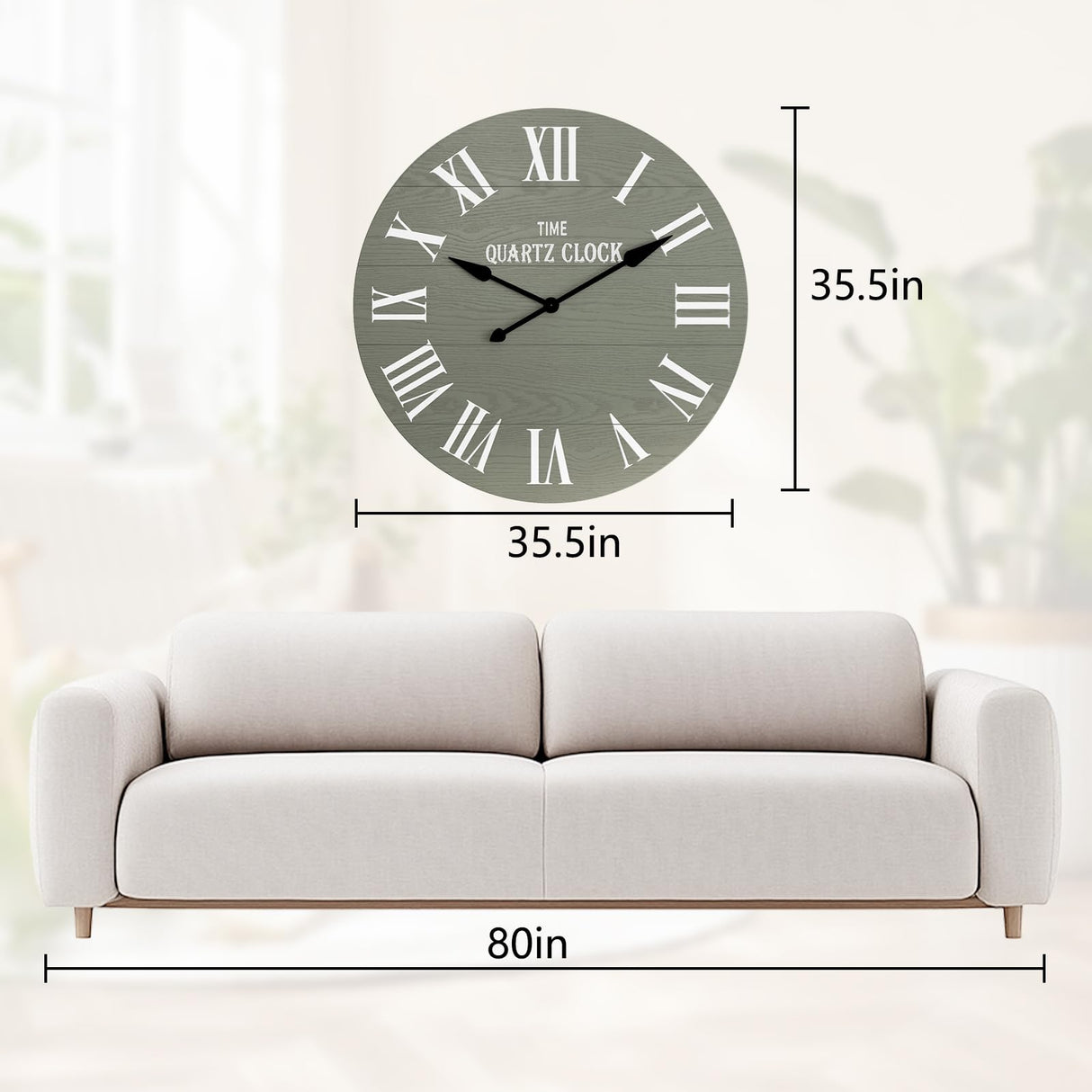 ARTPOWER Large Farmhouse Wall Clock, 35.5” Shiplap Wall Clock with Roman Numeral, Nearly Non-Ticking, Round Wall Clocks for Living Room Decor, Office, Bedroom, Entrance, Sage Green ARTPOWER