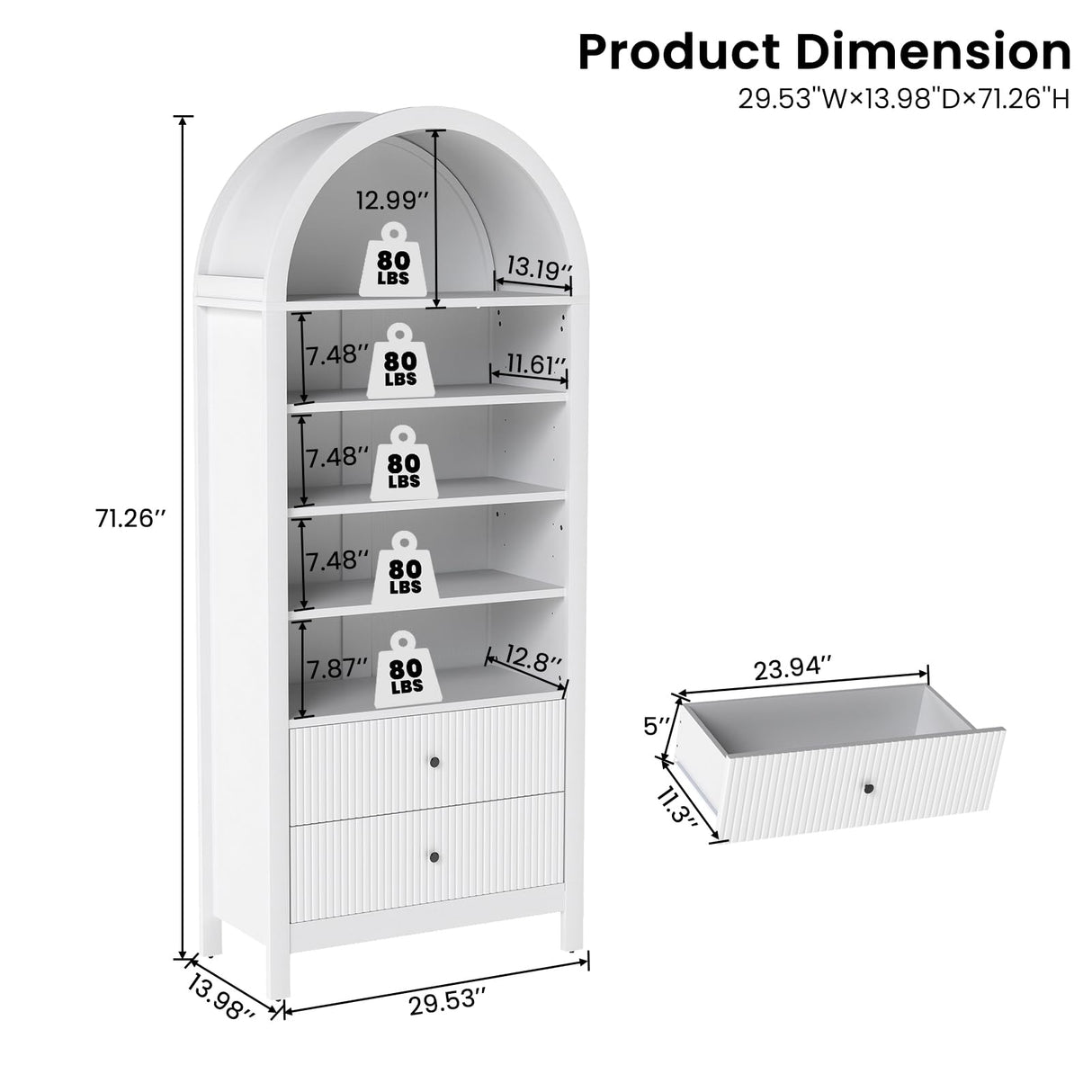 GOODONE 71" Tall Arched Bookcase - Arched Bookshelf with 2 Drawers & Adjustable Shelves, Tall Arched Storage Cabinet for Living Room, Kitchen,Home Office(White) GOODONE