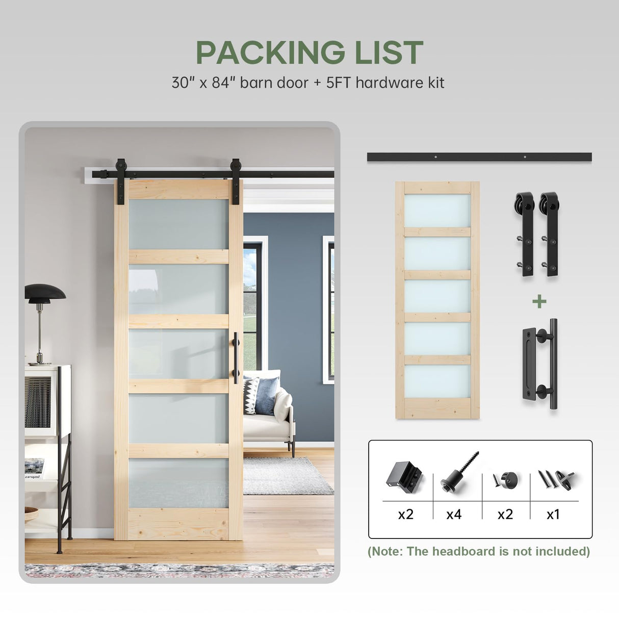 ROYMELO 30x84 inch Glass Sliding Barn Door Slab with 5ft Hardware Kit Included, 5-Panel Frosted Glass, Spruce Wood Support DIY Dyeing, Easy Assembly ROYMELO