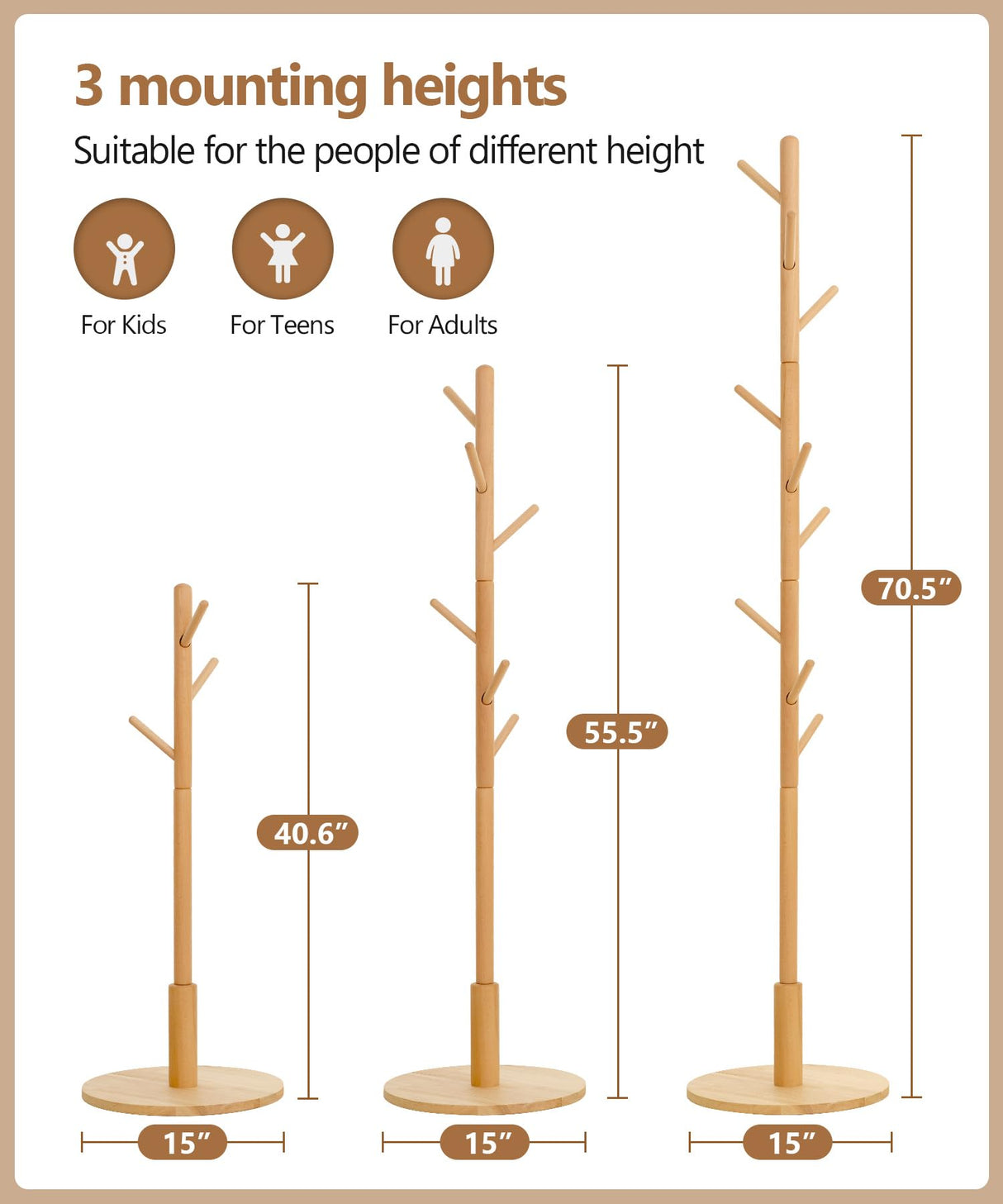 Cozivolife Solid Wood Coat Rack Stand with 9 Hooks, 3 Height Adjustable, Freestanding Coat Tree Hanger for Clothes, Hats, Scarves, bags, Bedroom, Office, Entryway Cozivolife