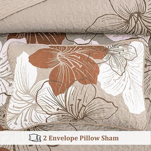 DJY 3 Pieces Quilt Set King Taupe Floral Pattern Quilt Coverlet Set Boho Floral Bedspread with 2 Pillow Shams Elegant Flower Bedding Quilt Set for All Season (Brown, 104"x 90") DJY