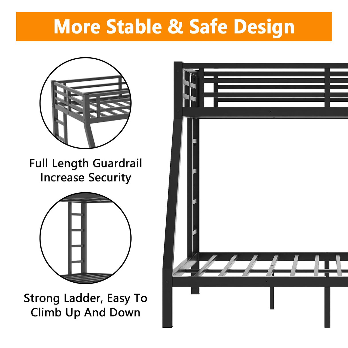anwickjeff Metal Full Over Queen Bunk Bed for Adults, Heavy Duty Bunk Beds with 2 Stairs,Safety Guardrail, Noise Free, Easy Assembly (Full Over Queen) anwickjeff