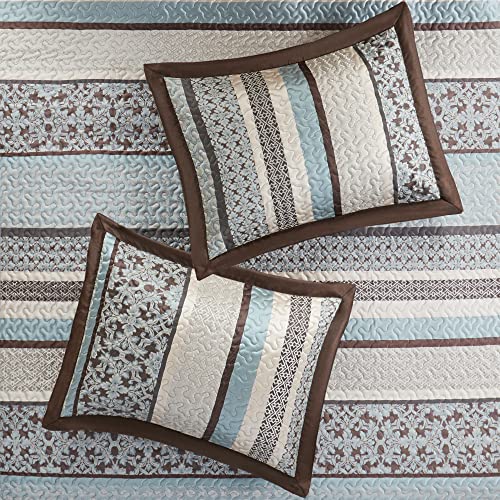 Madison Park Princeton Reversible Quilted Bedspread Set, Solid Reverse Summer Breathable, Lightweight All Season Bedding Layer, Matching Shams, Bedspread King(120"x118"), Blue 5 Piece Madison Park