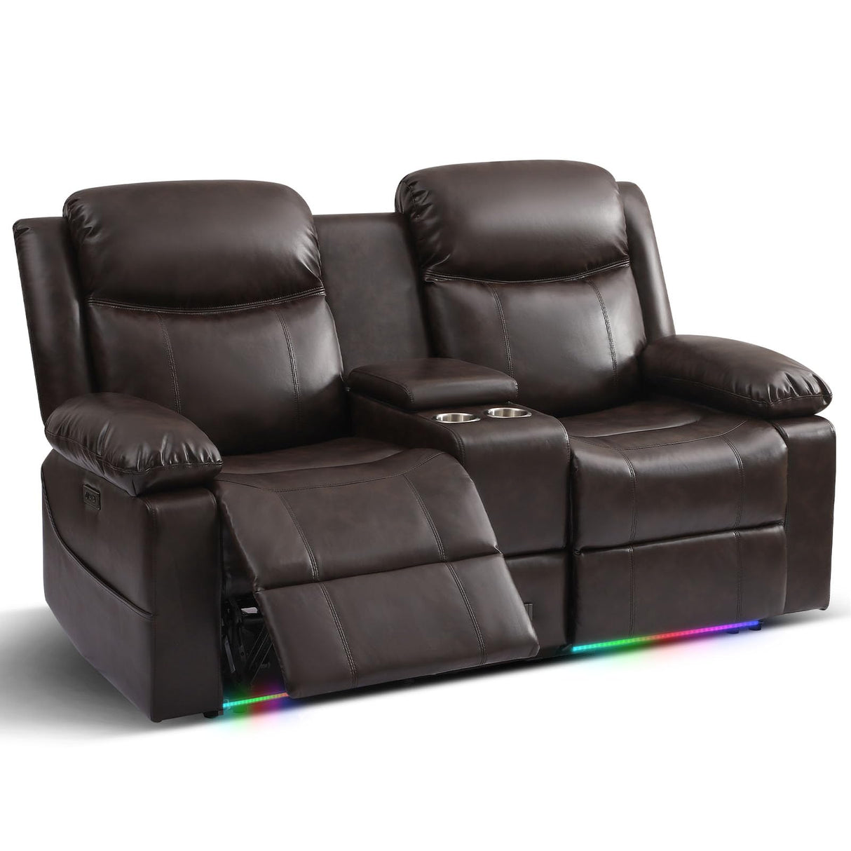PALLOME Power Reclining Loveseat Sofa for Home Theater, RV Recliner Couch with USB Type-C, Console, LED Lights (Brown) PALLOME