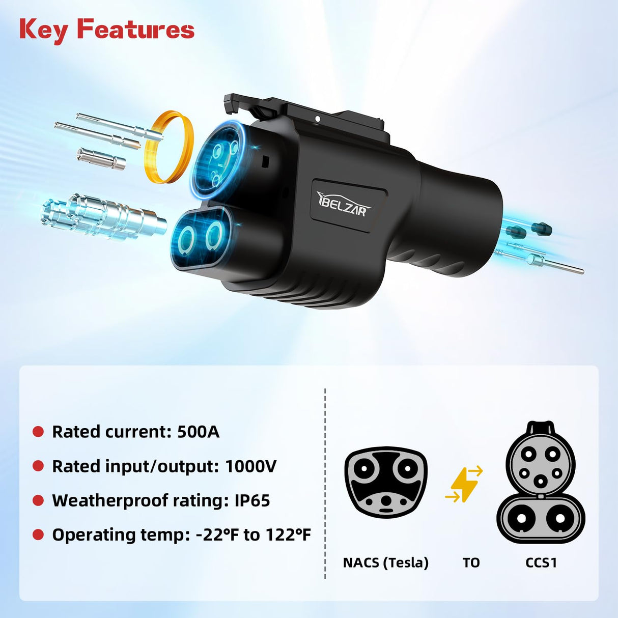 BELZAR Tesla Supercharger NACS to CCS Adapter - Max 500A / 1,000V, 250KW Fast Charging at Tesla Superchargers with NACS DC Adapter, Fit for Rivian Ford GM Volvo and Polestar EVs (CCS1 Port) BELZAR
