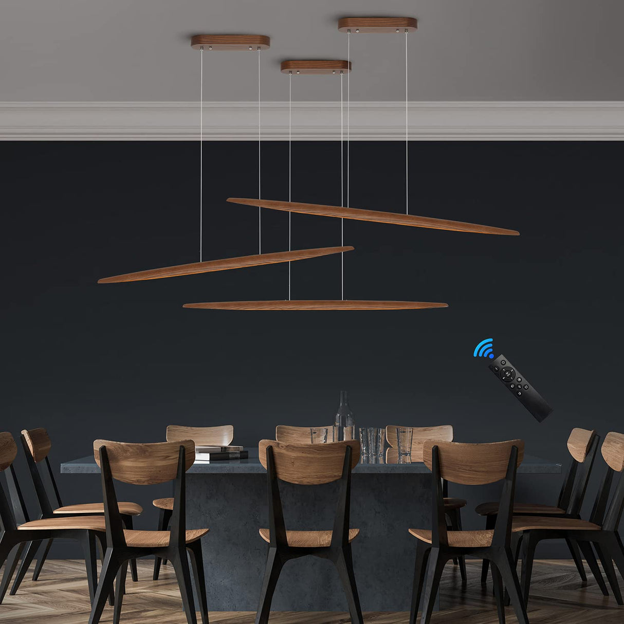 YISDESIGN 39" Wood Linear Pendant Light LED Dimmable Light Fixture Wood Linear Dinning Room Light Island Lights 24w for Dining Room Kitchen Island Pool Table Walnut Color YISDESIGN