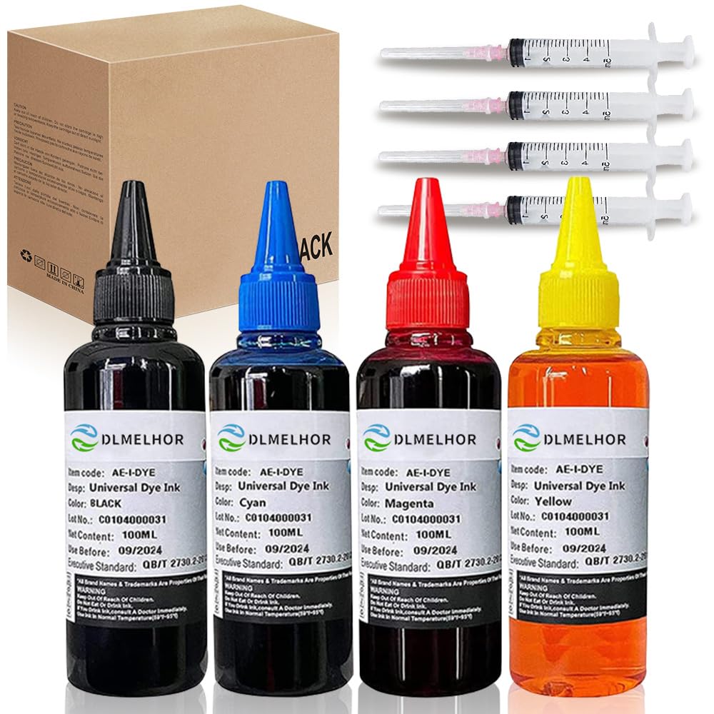Universal Dye Ink Refill Kit for HP Canon Epson Brother Lexmark Samsung Dell Kodak Inkjet Printers 4 Color Set Compatible Cartridges Refillable Cartridge CISS CIS System with 4 Syringes,400ml DLMELHOR