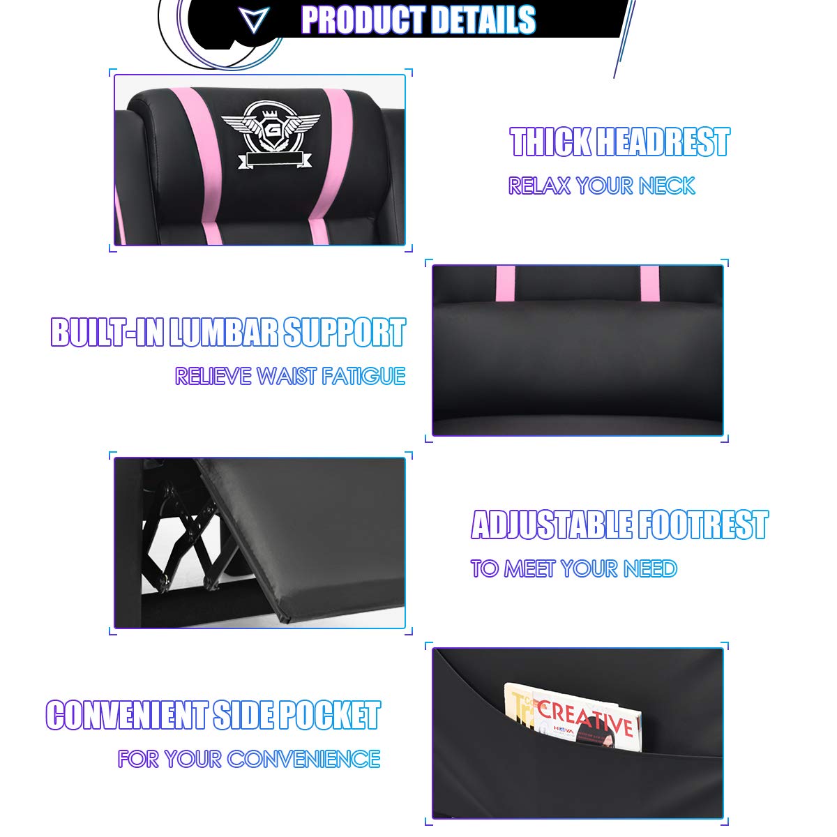 Giantex Gaming Recliner Chair, Adjustable Massage Gaming Chairs for Adults, Ergonomic Comfortable Lounge Leather Sofa w/Footrest, Remote Control & Side Pocket, Racing Style Single Sofa Recliners, Pink Giantex